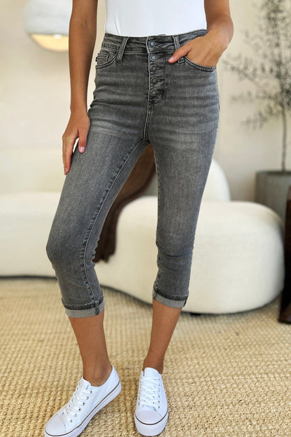 Judy Blue Full Size Button Fly High Waist Cuffed Capris - Love Salve 