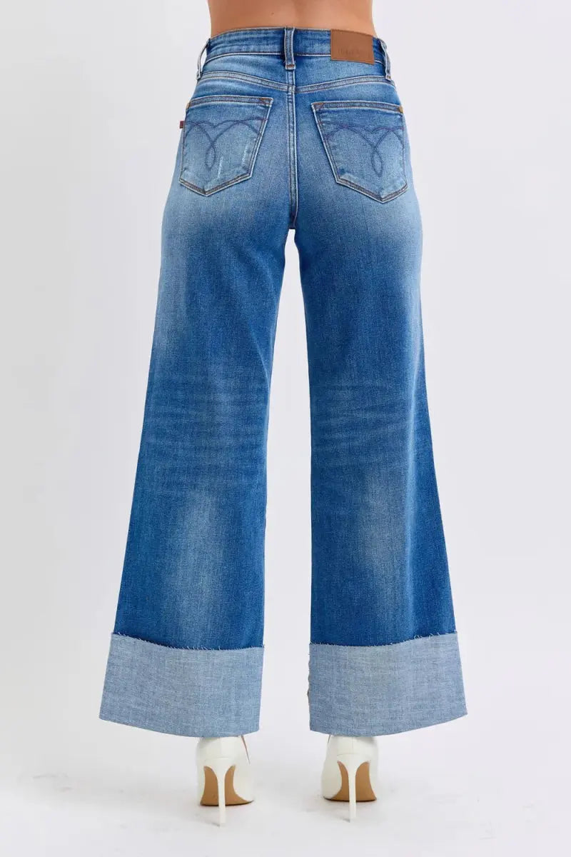 Judy Blue Full Size Distressed High Waist Wide Leg Jeans - Love Salve 