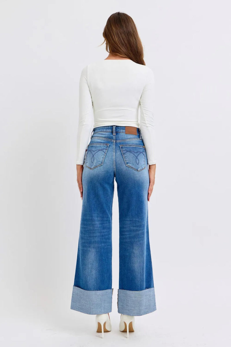 Judy Blue Full Size Distressed High Waist Wide Leg Jeans - Love Salve 