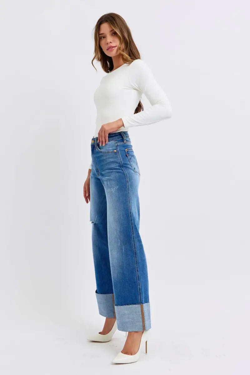 Judy Blue Full Size Distressed High Waist Wide Leg Jeans - Love Salve 