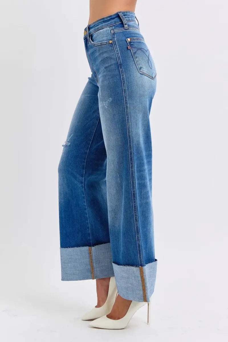 Judy Blue Full Size Distressed High Waist Wide Leg Jeans - Love Salve 