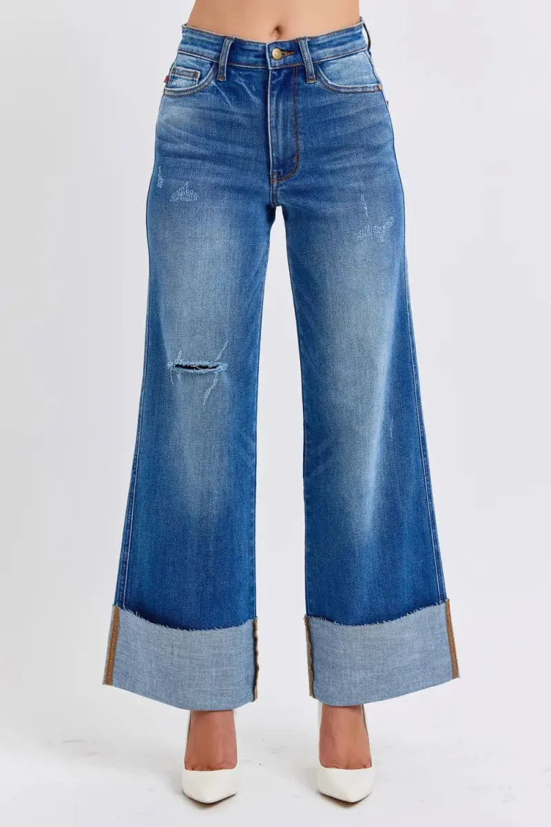 Judy Blue Full Size Distressed High Waist Wide Leg Jeans - Love Salve 