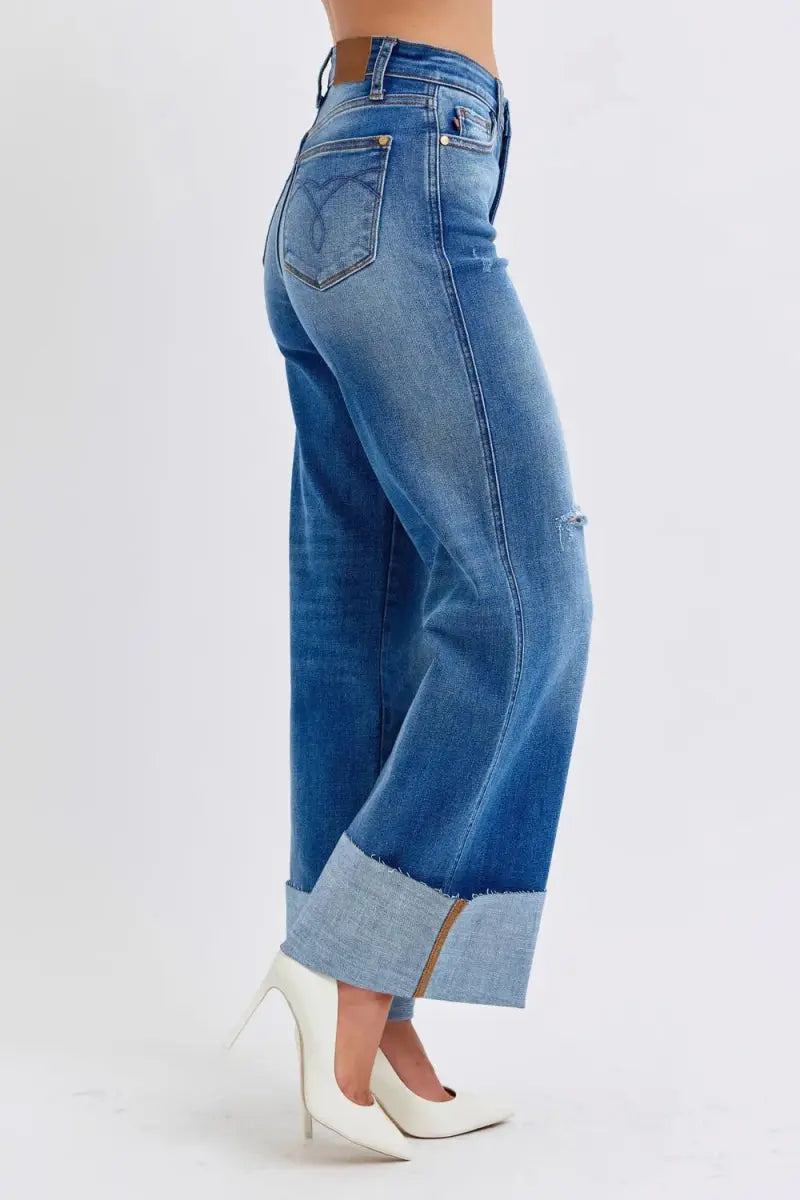 Judy Blue Full Size Distressed High Waist Wide Leg Jeans - Love Salve 