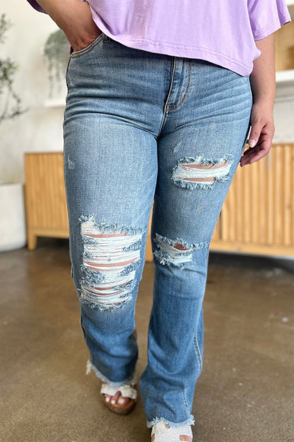 Judy Blue Full Size Distressed Raw Hem Bootcut Jeans - Love Salve 