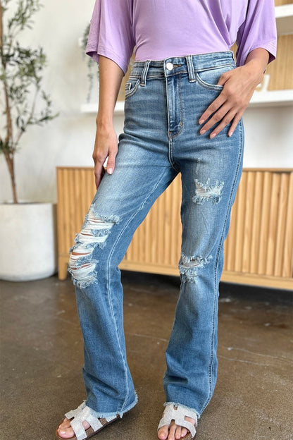 Judy Blue Full Size Distressed Raw Hem Bootcut Jeans - Love Salve 