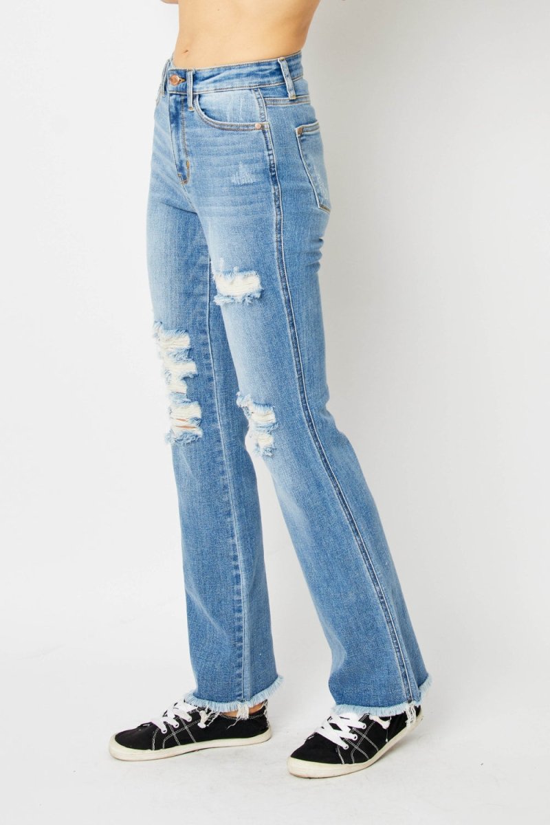 Judy Blue Full Size Distressed Raw Hem Bootcut Jeans - Love Salve 