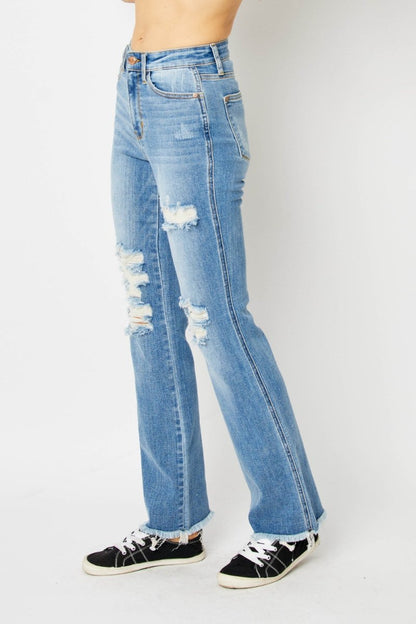 Judy Blue Full Size Distressed Raw Hem Bootcut Jeans - Love Salve 