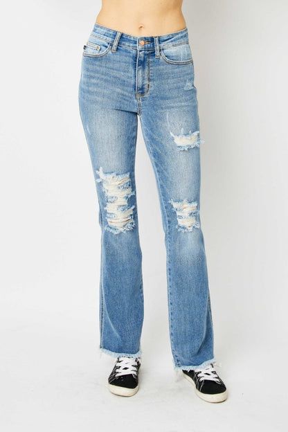 Judy Blue Full Size Distressed Raw Hem Bootcut Jeans - Love Salve 