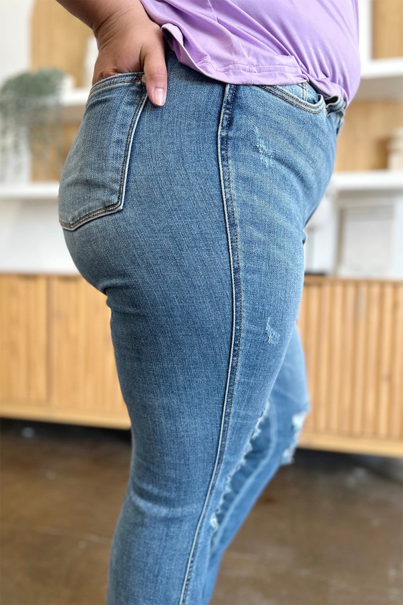 Judy Blue Full Size Distressed Raw Hem Bootcut Jeans - Love Salve 