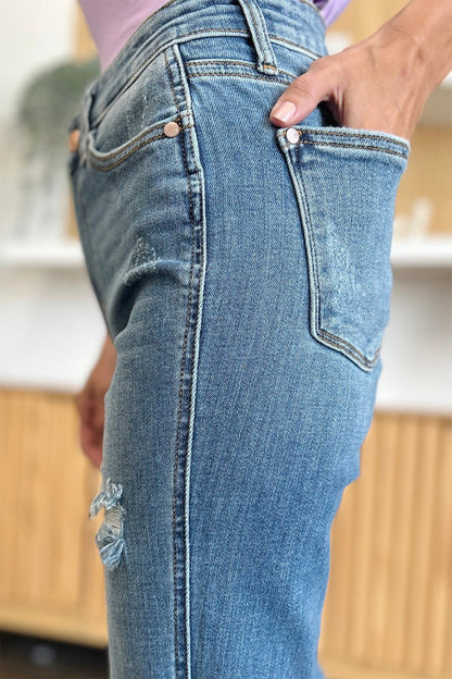 Judy Blue Full Size Distressed Raw Hem Bootcut Jeans - Love Salve 