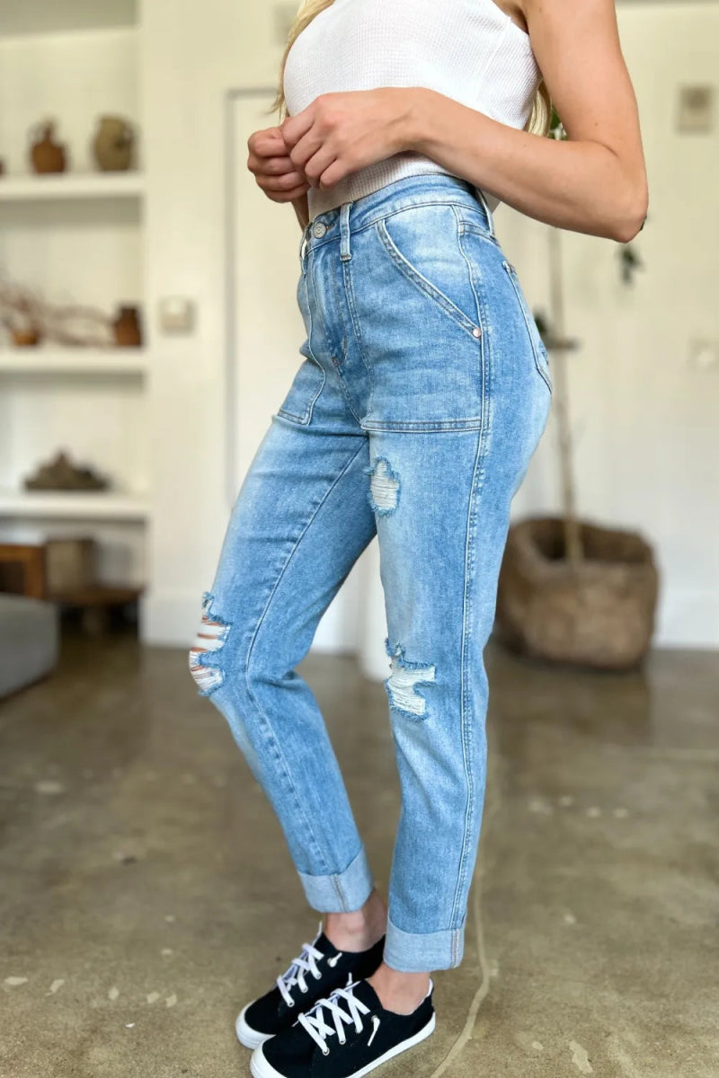 Judy Blue Full Size Distressed Straight Jeans with Patch Pockets - Love Salve 