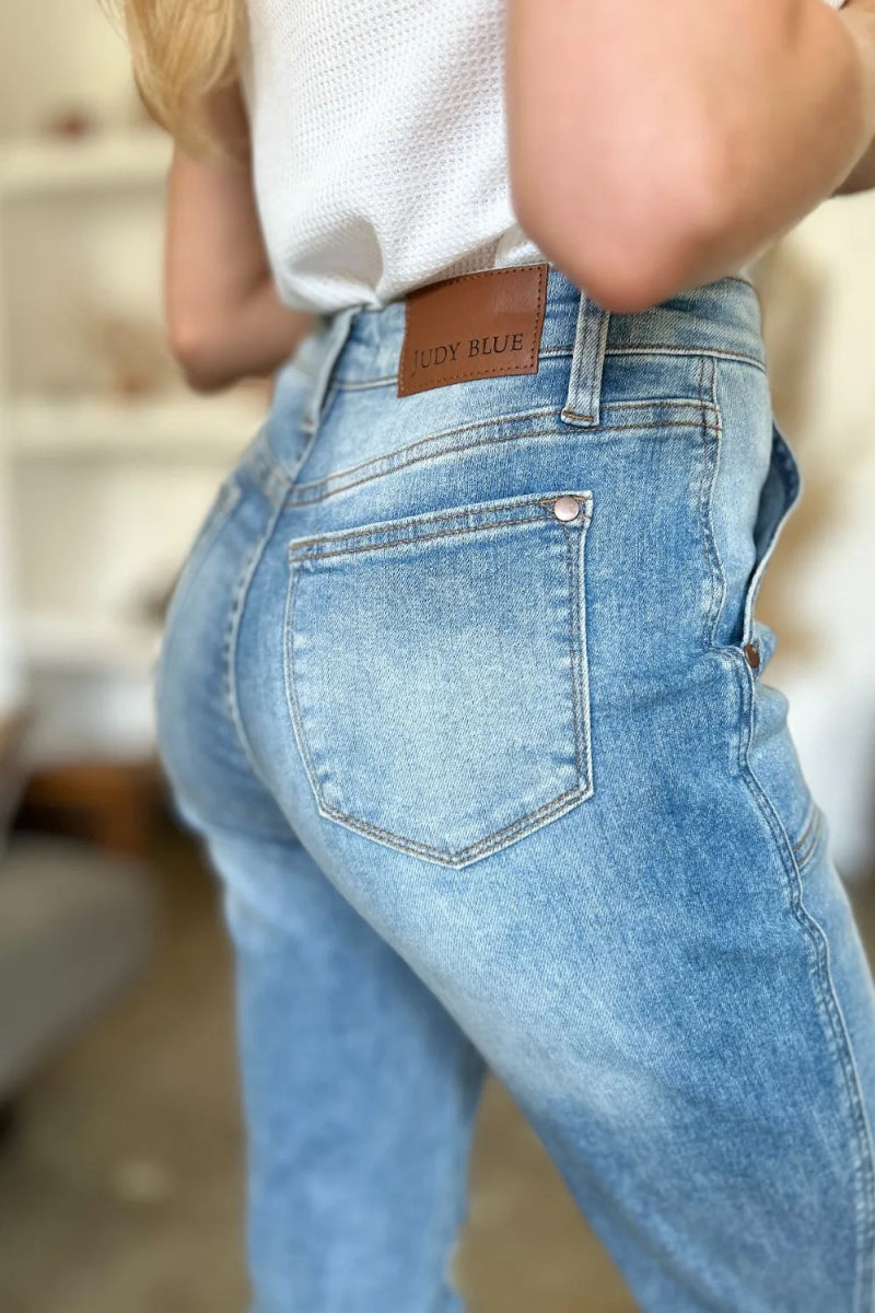 Judy Blue Full Size Distressed Straight Jeans with Patch Pockets - Love Salve 