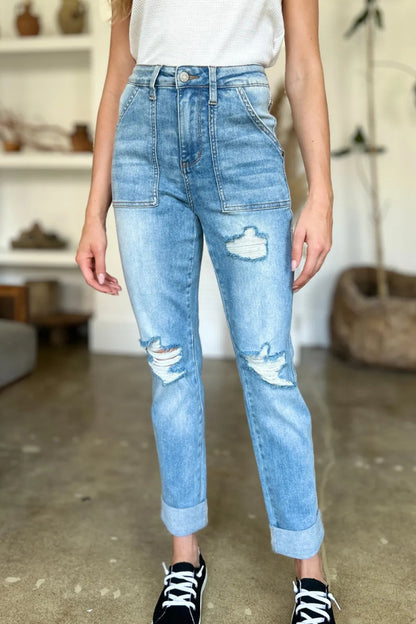 Judy Blue Full Size Distressed Straight Jeans with Patch Pockets - Love Salve 