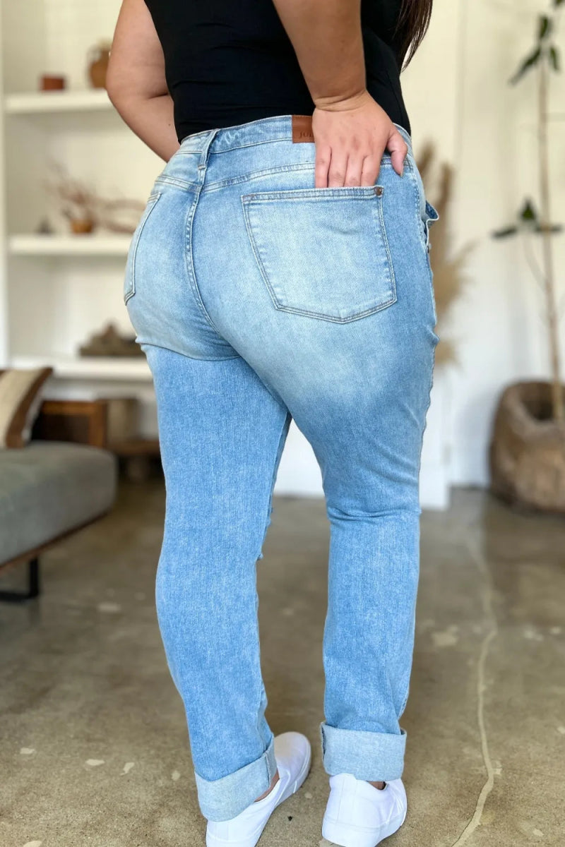 Judy Blue Full Size Distressed Straight Jeans with Patch Pockets - Love Salve 