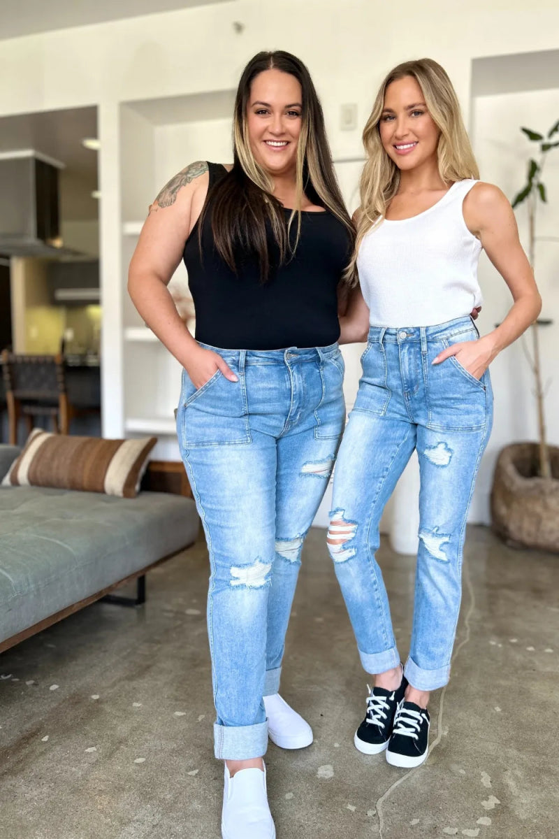 Judy Blue Full Size Distressed Straight Jeans with Patch Pockets - Love Salve 