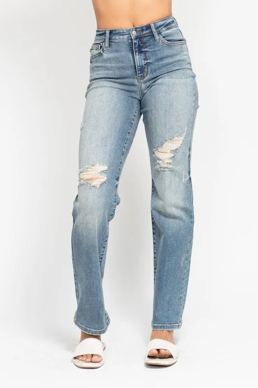 Judy Blue Full Size High Waist Distressed Dad Jean Plus Size - Love Salve 