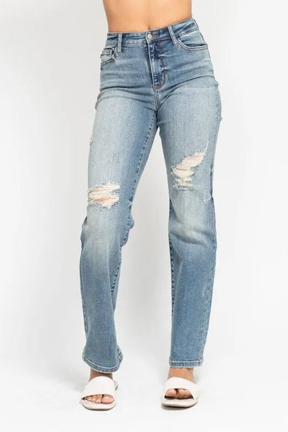 Judy Blue Full Size High Waist Distressed Dad Jean Plus Size - Love Salve 
