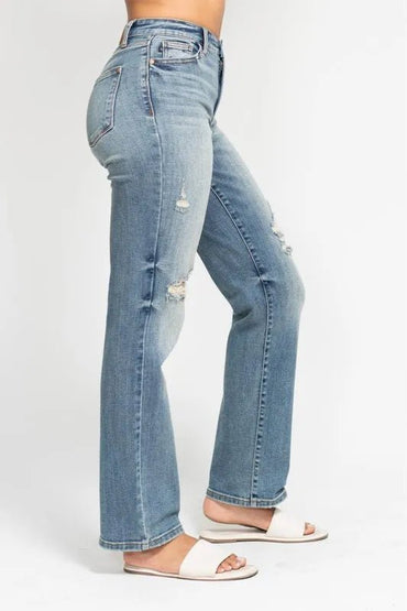 Judy Blue Full Size High Waist Distressed Dad Jean Plus Size - Love Salve 
