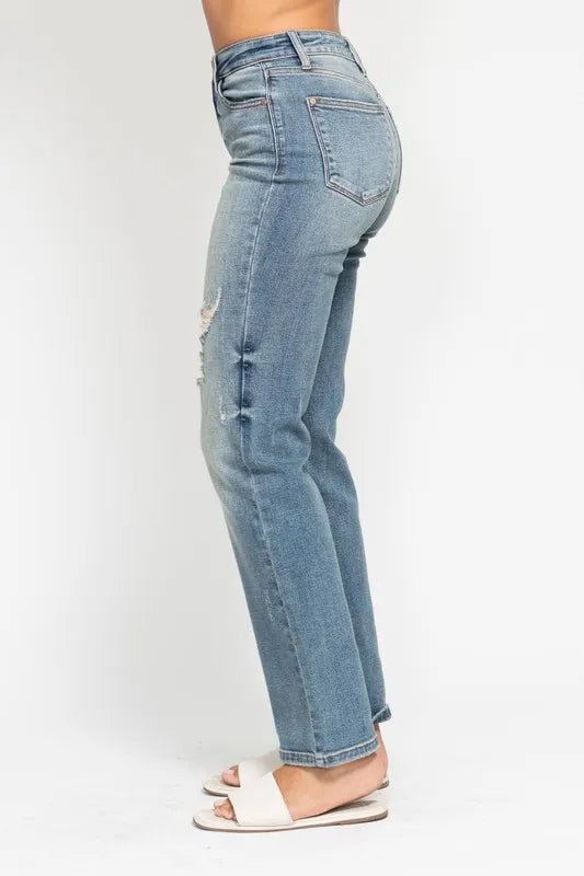 Judy Blue Full Size High Waist Distressed Dad Jean Plus Size - Love Salve 