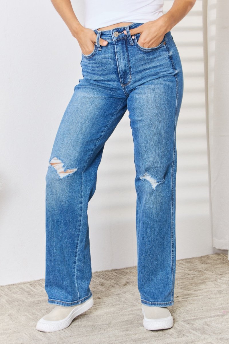Judy Blue Full Size High Waist Distressed Straight-Leg Jeans - Love Salve 