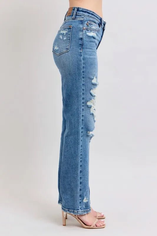Judy Blue Full Size High Waist Heavy Destroy Straight Jeans Plus Size - Love Salve 