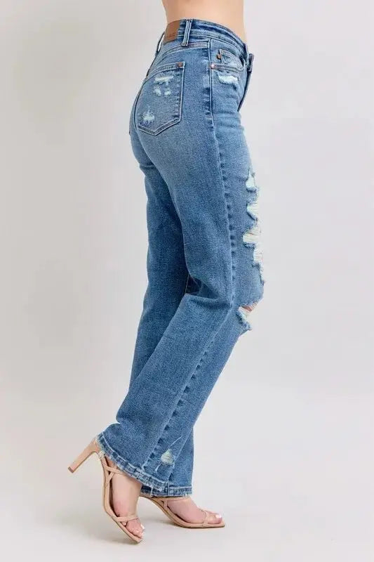 Judy Blue Full Size High Waist Heavy Destroy Straight Jeans Plus Size - Love Salve 