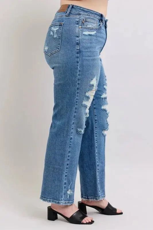 Judy Blue Full Size High Waist Heavy Destroy Straight Jeans Plus Size - Love Salve 