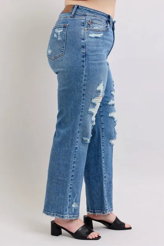 Judy Blue Full Size High Waist Heavy Destroy Straight Jeans Plus Size - Love Salve 