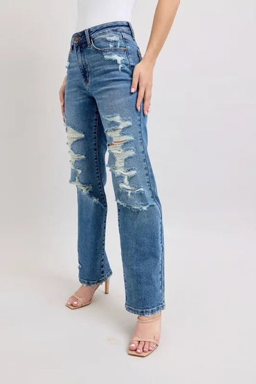 Judy Blue Full Size High Waist Heavy Destroy Straight Jeans Plus Size - Love Salve 