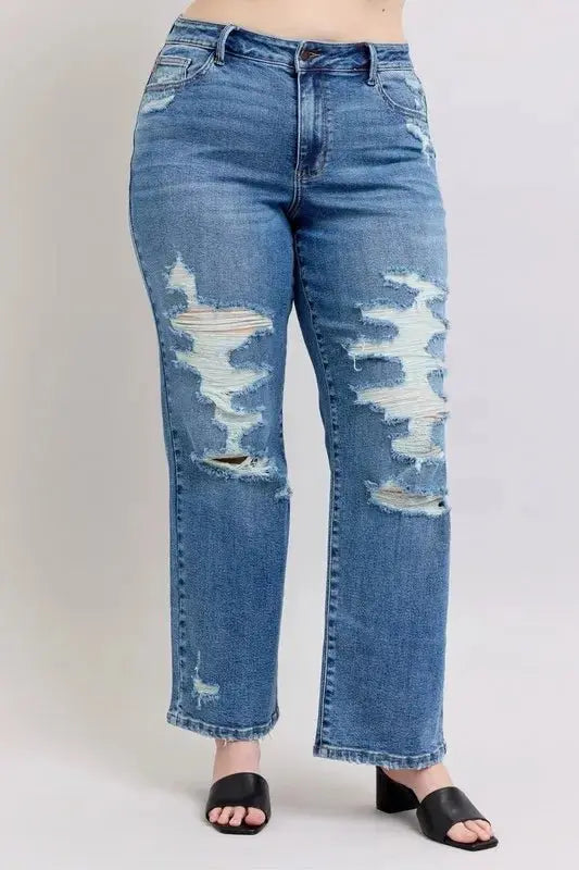 Judy Blue Full Size High Waist Heavy Destroy Straight Jeans Plus Size - Love Salve 