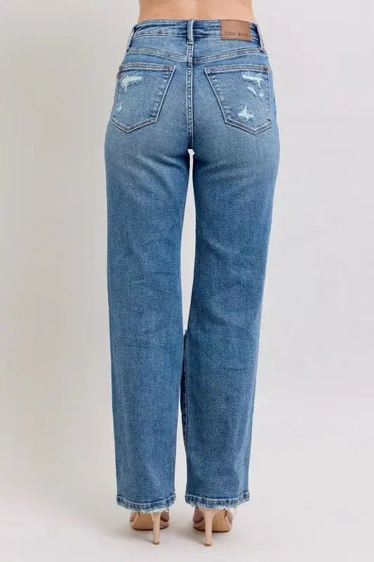 Judy Blue Full Size High Waist Heavy Destroy Straight Jeans Plus Size - Love Salve 