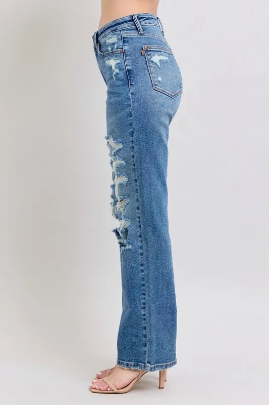 Judy Blue Full Size High Waist Heavy Destroy Straight Jeans Plus Size - Love Salve 