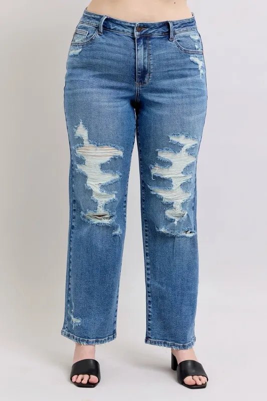 Judy Blue Full Size High Waist Heavy Destroy Straight Jeans Plus Size - Love Salve 