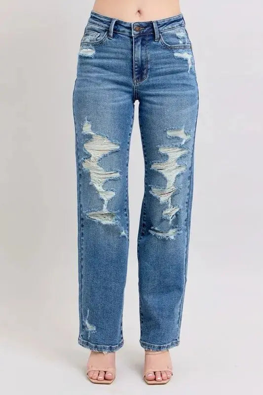 Judy Blue Full Size High Waist Heavy Destroy Straight Jeans Plus Size - Love Salve 