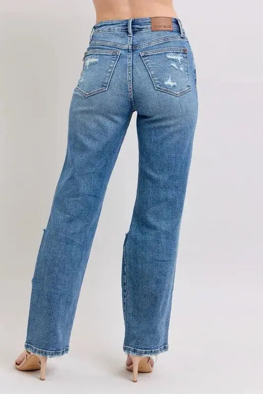 Judy Blue Full Size High Waist Heavy Destroy Straight Jeans Plus Size - Love Salve 