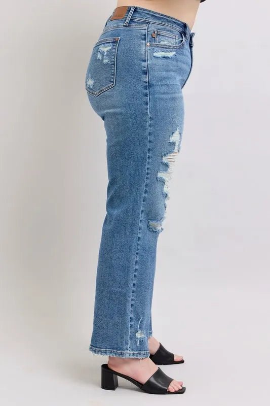 Judy Blue Full Size High Waist Heavy Destroy Straight Jeans Plus Size - Love Salve 