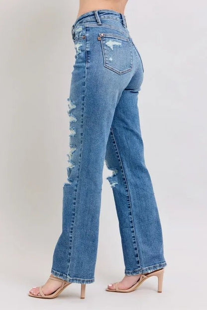Judy Blue Full Size High Waist Heavy Destroy Straight Jeans Plus Size - Love Salve 