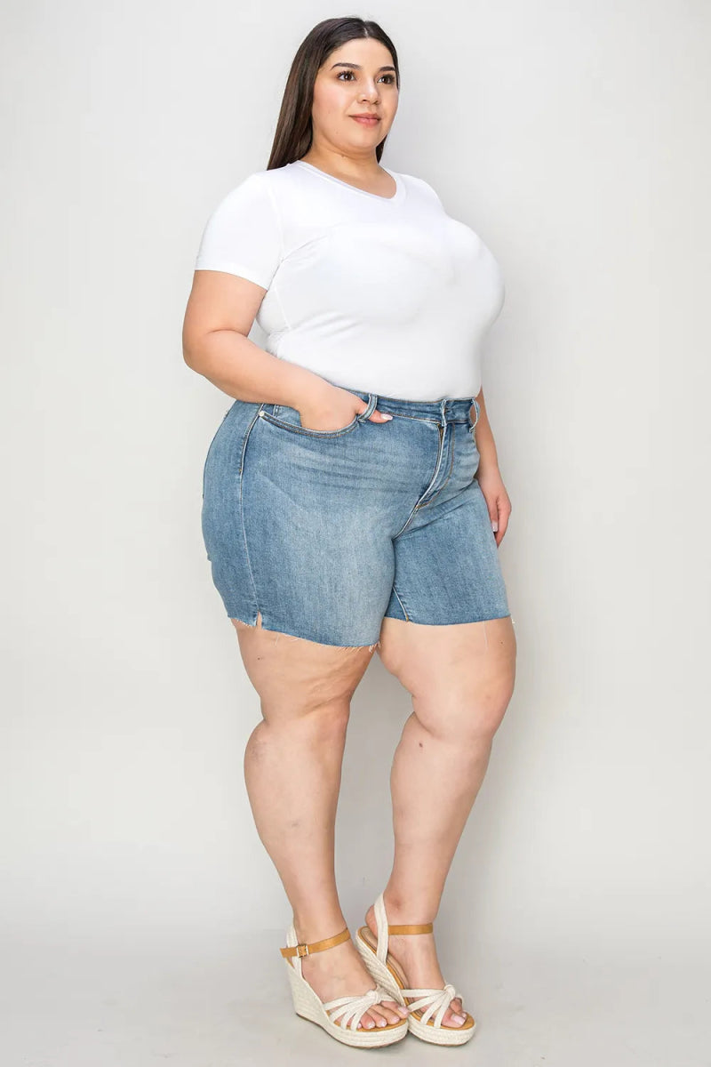 Judy Blue Full Size High Waist Raw Hem Denim Shorts for Summer - Love Salve 
