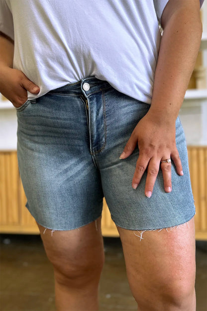 Judy Blue Full Size High Waist Raw Hem Denim Shorts for Summer - Love Salve 