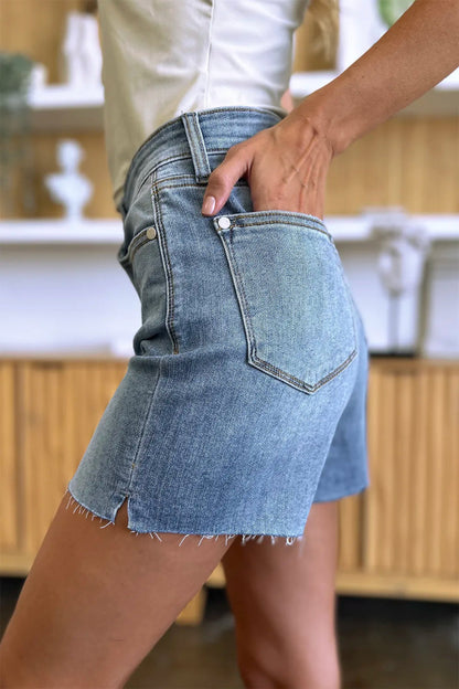 Judy Blue Full Size High Waist Raw Hem Denim Shorts for Summer - Love Salve 