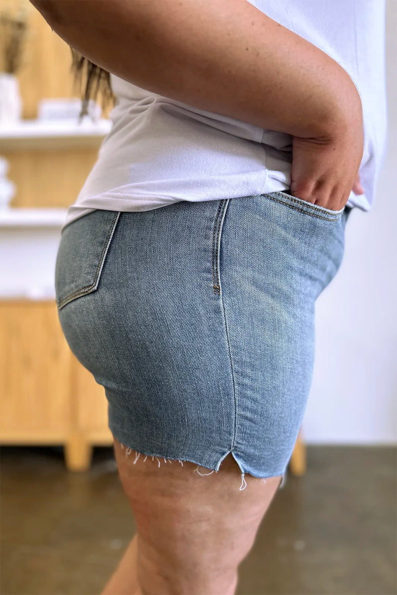 Judy Blue Full Size High Waist Raw Hem Denim Shorts for Summer - Love Salve 