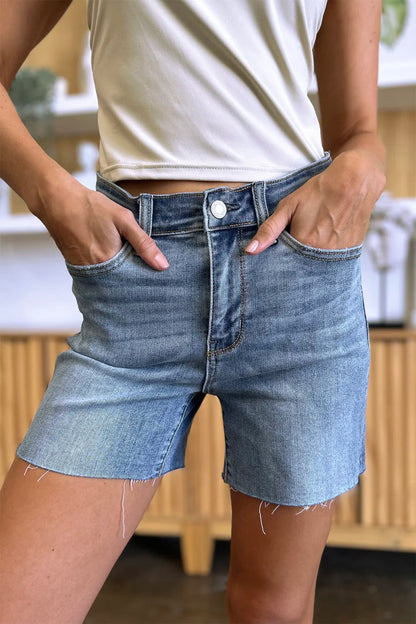 Judy Blue Full Size High Waist Raw Hem Denim Shorts for Summer - Love Salve 