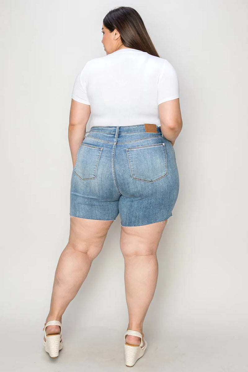 Judy Blue Full Size High Waist Raw Hem Denim Shorts for Summer - Love Salve 