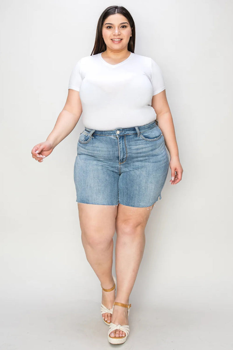 Judy Blue Full Size High Waist Raw Hem Denim Shorts for Summer - Love Salve 