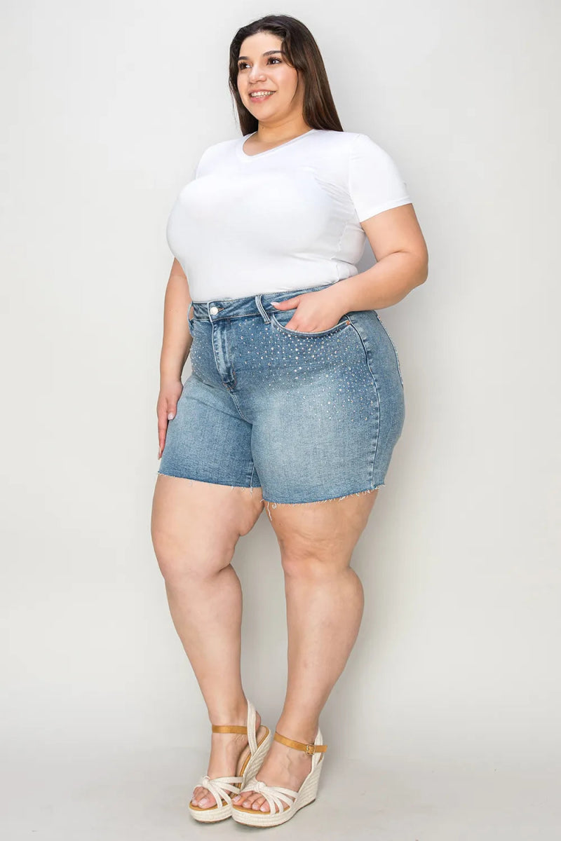 Judy Blue Full Size High Waist Raw Hem Denim Shorts for Summer - Love Salve 