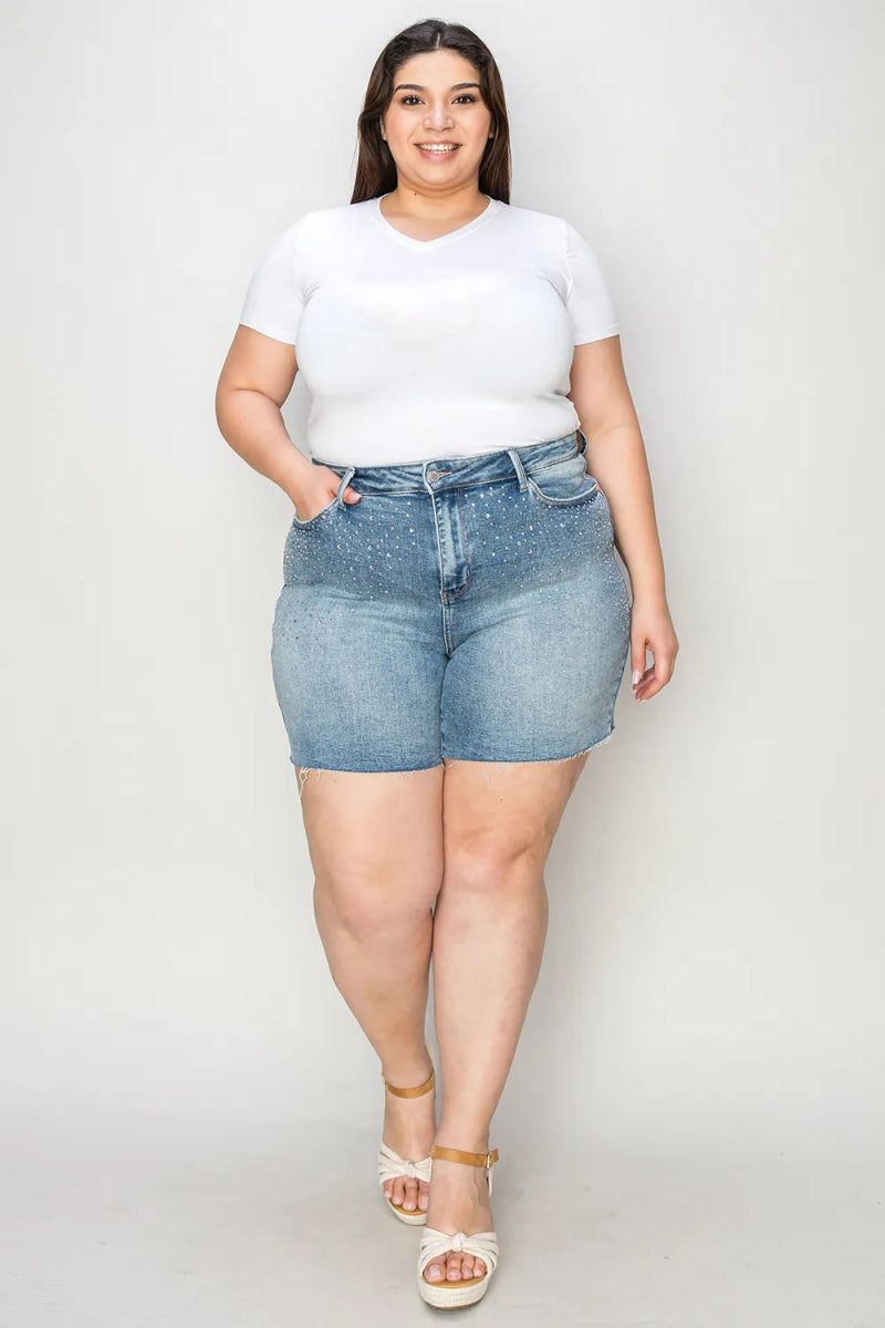 Judy Blue Full Size High Waist Rhinestone Decor Denim Shorts - Love Salve 