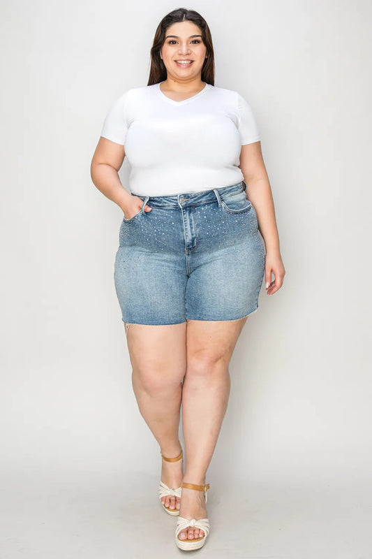 Judy Blue Full Size High Waist Rhinestone Decor Denim Shorts - Love Salve 