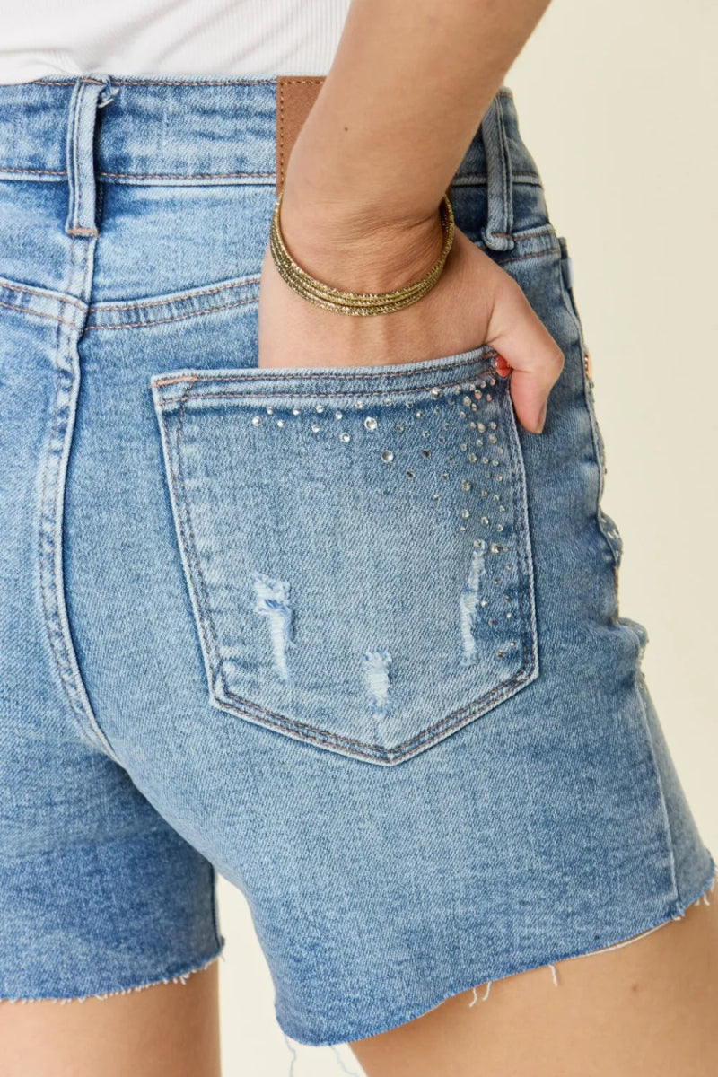 Judy Blue Full Size High Waist Rhinestone Decor Denim Shorts - Love Salve 