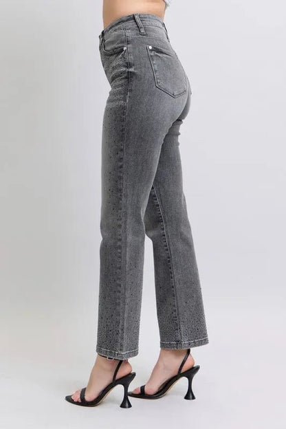 Judy Blue Full Size High Waist Rhinestone Straight Jeans Plus Size - Love Salve 