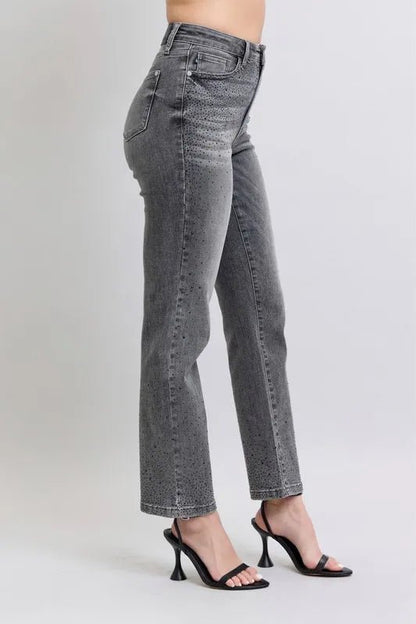 Judy Blue Full Size High Waist Rhinestone Straight Jeans Plus Size - Love Salve 